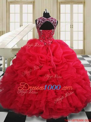 Red Quinceanera Dresses Military Ball and Sweet 16 and Quinceanera and For with Beading and Pick Ups Scoop Sleeveless Lace Up