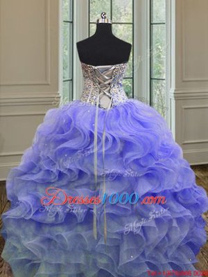 Unique Ball Gowns 15th Birthday Dress Lavender Sweetheart Organza Sleeveless Floor Length Lace Up