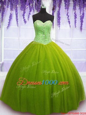 Classical Sleeveless Floor Length Beading Lace Up Ball Gown Prom Dress with Olive Green