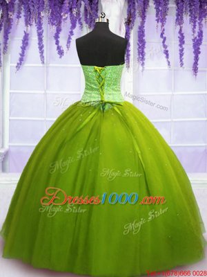 Classical Sleeveless Floor Length Beading Lace Up Ball Gown Prom Dress with Olive Green