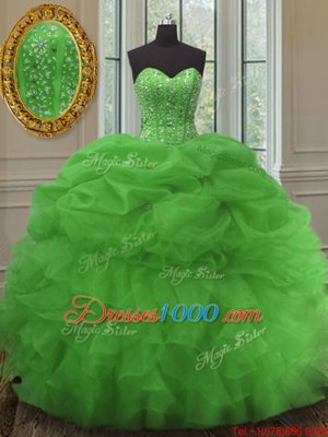 Green Lace Up Quinceanera Gowns Beading and Ruffles and Pick Ups Sleeveless Floor Length