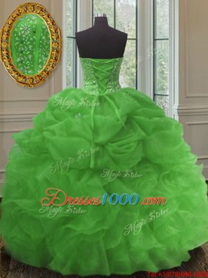 Green Lace Up Quinceanera Gowns Beading and Ruffles and Pick Ups Sleeveless Floor Length