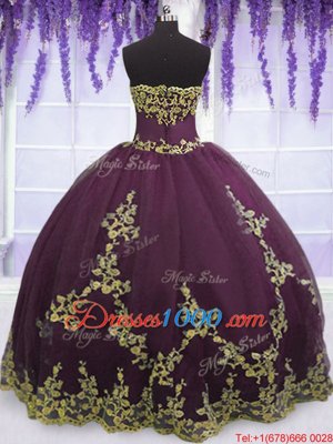 Eye-catching Floor Length Zipper Quinceanera Gowns Purple and In for Military Ball and Sweet 16 and Quinceanera with Appliques