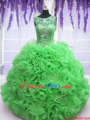 Green Lace Up Scoop Beading and Ruffles 15th Birthday Dress Organza Sleeveless