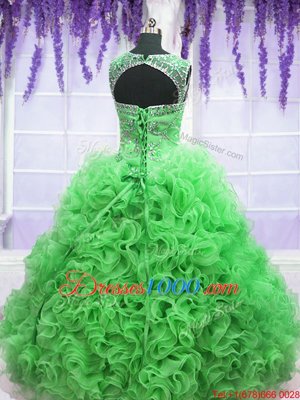 Green Lace Up Scoop Beading and Ruffles 15th Birthday Dress Organza Sleeveless