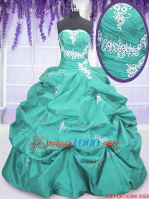 Aqua Blue Strapless Neckline Appliques and Ruching and Pick Ups Quinceanera Gown Sleeveless Lace Up