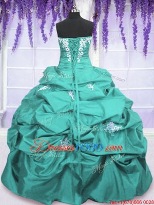 Aqua Blue Strapless Neckline Appliques and Ruching and Pick Ups Quinceanera Gown Sleeveless Lace Up