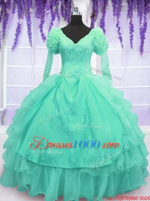 Turquoise Organza Lace Up V-neck Long Sleeves Floor Length Quinceanera Dress Beading and Embroidery and Hand Made Flower