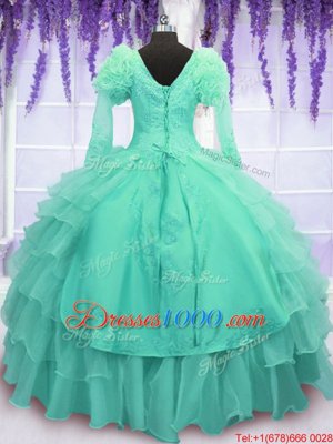 Turquoise Organza Lace Up V-neck Long Sleeves Floor Length Quinceanera Dress Beading and Embroidery and Hand Made Flower