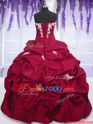Fuchsia Taffeta Lace Up Strapless Sleeveless Floor Length Sweet 16 Quinceanera Dress Appliques and Pick Ups