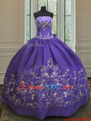 Sleeveless Satin Floor Length Lace Up Quinceanera Gowns in Purple for with Embroidery