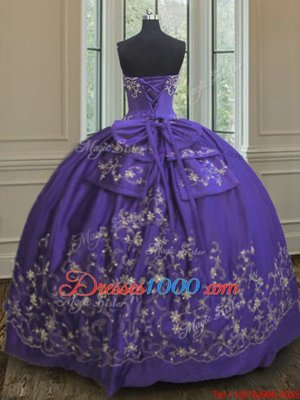 Sleeveless Satin Floor Length Lace Up Quinceanera Gowns in Purple for with Embroidery