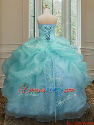 Aqua Blue Sleeveless Floor Length Embroidery and Pick Ups Lace Up Quinceanera Dress