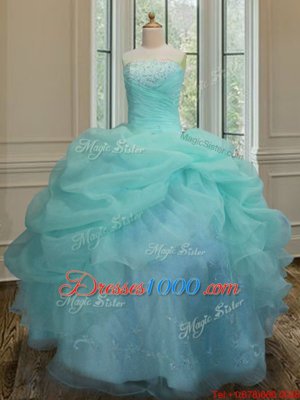 Aqua Blue Sleeveless Floor Length Embroidery and Pick Ups Lace Up Quinceanera Dress