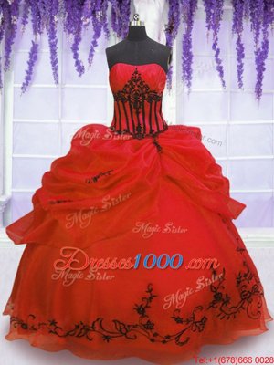 Red Lace Up Strapless Embroidery and Pick Ups Ball Gown Prom Dress Organza Sleeveless