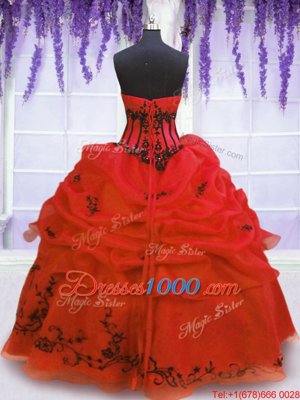 Red Lace Up Strapless Embroidery and Pick Ups Ball Gown Prom Dress Organza Sleeveless