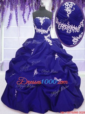 New Arrival Royal Blue Lace Up Strapless Appliques and Pick Ups Quinceanera Gowns Taffeta Sleeveless