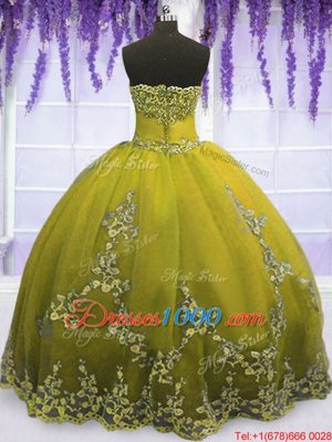 Tulle Strapless Sleeveless Zipper Appliques Vestidos de Quinceanera in Olive Green