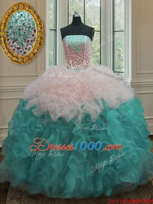 Organza Strapless Sleeveless Lace Up Beading and Ruffles Quinceanera Gowns in Multi-color