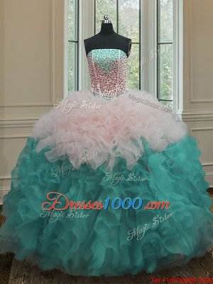 Organza Strapless Sleeveless Lace Up Beading and Ruffles Quinceanera Gowns in Multi-color