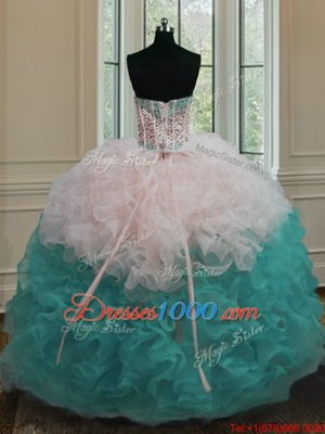 Organza Strapless Sleeveless Lace Up Beading and Ruffles Quinceanera Gowns in Multi-color