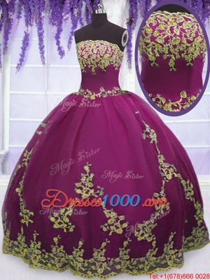 Fitting Fuchsia Strapless Zipper Appliques Ball Gown Prom Dress Sleeveless
