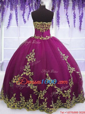 Fitting Fuchsia Strapless Zipper Appliques Ball Gown Prom Dress Sleeveless