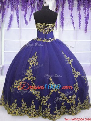 Inexpensive Floor Length Purple Quinceanera Gowns Tulle Sleeveless Appliques