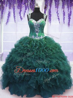 Modern Dark Green Ball Gowns Tulle Straps Sleeveless Beading and Ruffles Floor Length Zipper Quinceanera Gowns