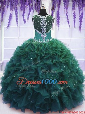 Modern Dark Green Ball Gowns Tulle Straps Sleeveless Beading and Ruffles Floor Length Zipper Quinceanera Gowns