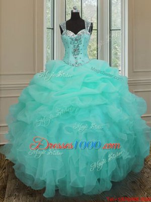 Straps Straps Floor Length Zipper Quinceanera Dresses Apple Green and In for Military Ball and Sweet 16 and Quinceanera with Beading and Ruffles