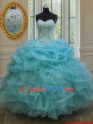 Exquisite Pick Ups Sweetheart Sleeveless Lace Up Quinceanera Dresses Baby Blue Organza