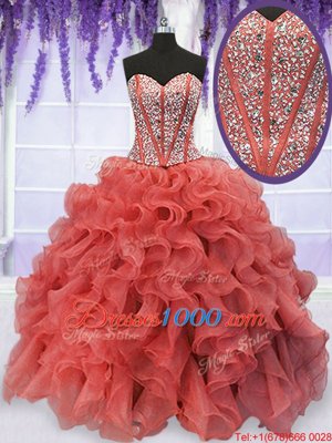 Super Beading and Ruffles Sweet 16 Dresses Coral Red Lace Up Sleeveless Floor Length