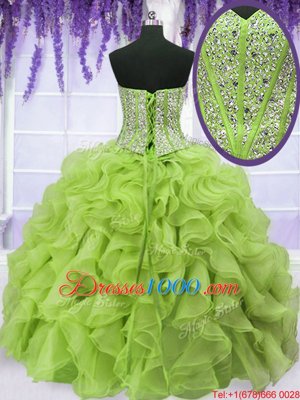 Four Piece Yellow Green Ball Gowns Organza Sweetheart Sleeveless Beading and Ruffles Floor Length Lace Up Quinceanera Gown