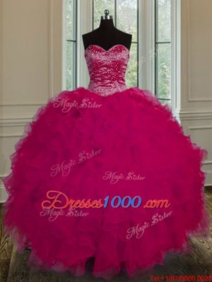 Fuchsia Ball Gowns Tulle Sweetheart Sleeveless Beading and Ruffles Floor Length Lace Up Quince Ball Gowns