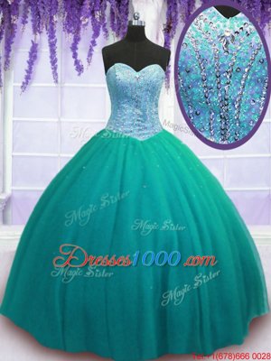 Turquoise Sleeveless Tulle Lace Up Vestidos de Quinceanera for Military Ball and Sweet 16 and Quinceanera