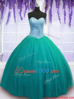 Turquoise Sleeveless Tulle Lace Up Vestidos de Quinceanera for Military Ball and Sweet 16 and Quinceanera
