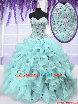 Pretty Sweetheart Sleeveless 15 Quinceanera Dress Floor Length Beading and Ruffles Light Blue Organza