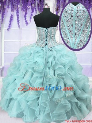 Pretty Sweetheart Sleeveless 15 Quinceanera Dress Floor Length Beading and Ruffles Light Blue Organza