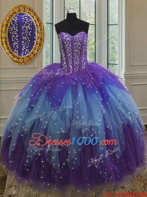 Sophisticated Multi-color Ball Gowns Sweetheart Sleeveless Tulle Floor Length Lace Up Beading and Ruffles and Sequins Vestidos de Quinceanera