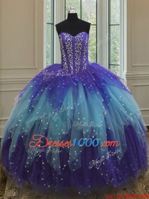Sophisticated Multi-color Ball Gowns Sweetheart Sleeveless Tulle Floor Length Lace Up Beading and Ruffles and Sequins Vestidos de Quinceanera