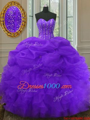 Purple Lace Up Sweetheart Beading and Ruffles and Pick Ups Quinceanera Dresses Organza Sleeveless