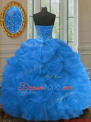 Colorful Blue Ball Gowns Organza Sweetheart Sleeveless Beading and Ruffles and Pick Ups Floor Length Lace Up Quinceanera Gowns