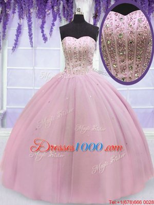 High End Sweetheart Sleeveless 15th Birthday Dress Floor Length Beading Baby Pink Tulle