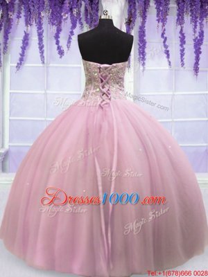 High End Sweetheart Sleeveless 15th Birthday Dress Floor Length Beading Baby Pink Tulle