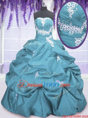 Teal Ball Gown Prom Dress Military Ball and Sweet 16 and Quinceanera and For with Appliques and Pick Ups Strapless Sleeveless Lace Up