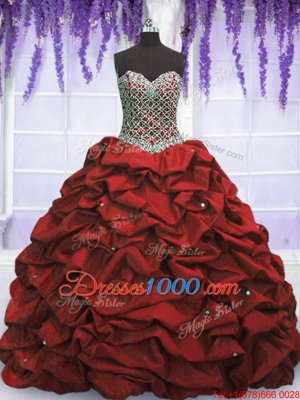 Clearance Wine Red Taffeta Lace Up Sweetheart Sleeveless Floor Length Quinceanera Dress Beading and Sequins and Pick Ups