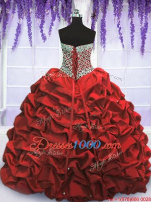 Clearance Wine Red Taffeta Lace Up Sweetheart Sleeveless Floor Length Quinceanera Dress Beading and Sequins and Pick Ups