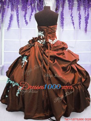 Fine Strapless Sleeveless Quinceanera Gowns Floor Length Appliques and Pick Ups Brown Taffeta