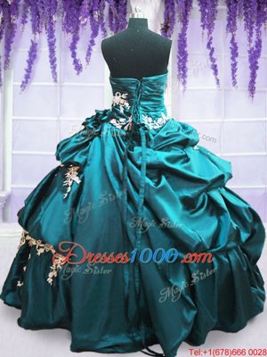 Nice Teal Taffeta Lace Up Quinceanera Dress Sleeveless Floor Length Appliques and Pick Ups